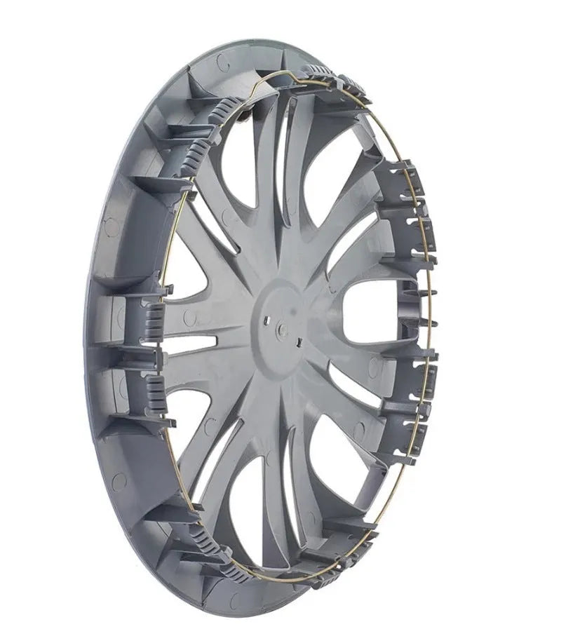 Universal monochrome ABS plastic wheel hub cover in silver, black, and electroplated finishes for 13 to 16 inch wheels.