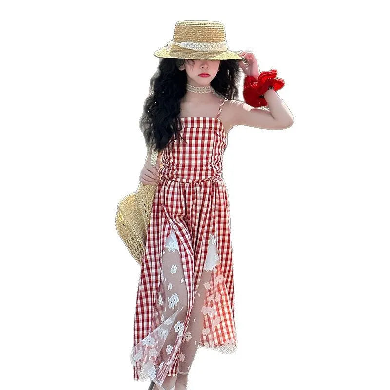 Girls red plaid non-slip princess dress with lace stitching, polyester fibre, available in 120cm to 170cm height options