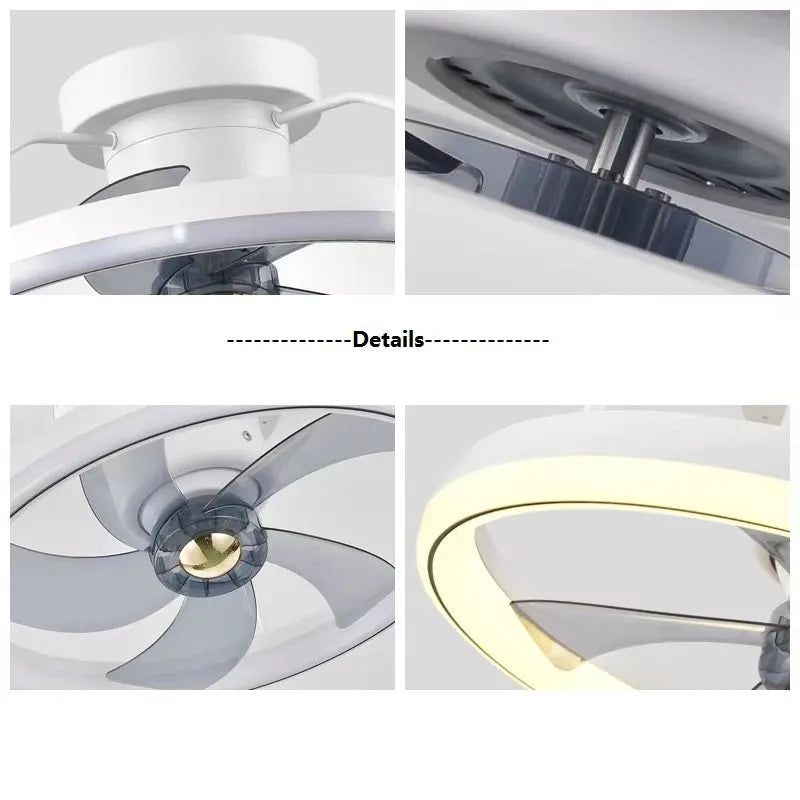 Modern white ceiling fan lamp with integrated light and five blades, mounted on a ceiling.