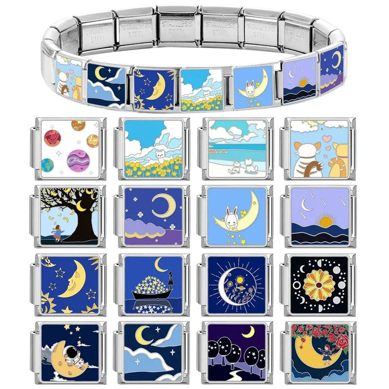 Square stainless steel bracelet module with night sky moon planet totem pattern in dripping oil finish, 1x0.9 cm