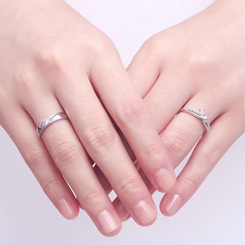 Simple sterling silver couple ring with diamond inlay in white gold finish
