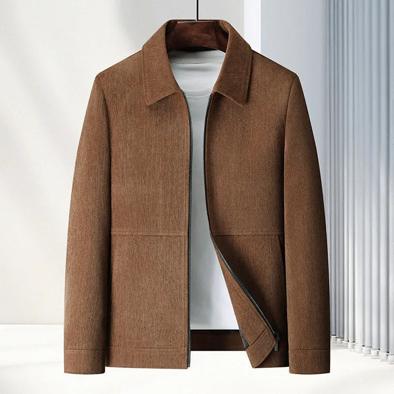 Men's black lapel collar casual slim-fit jacket coat on a hanger.