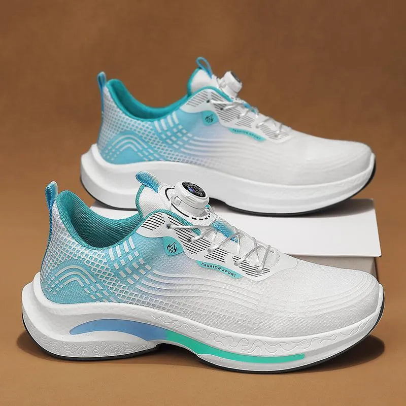 Men's low-top sneaker with mesh lining, rotating buckle, and rubber sole in white and orange colour.