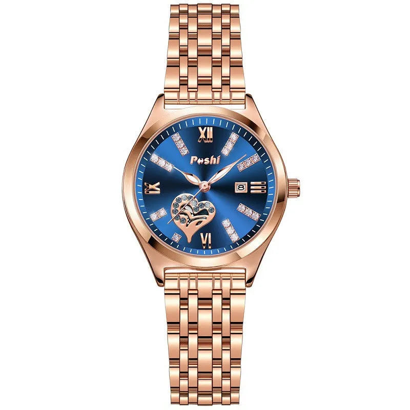 Women's casual alloy strap watch with Roman numeral rhinestone dial, luminous hands, and calendar window