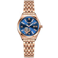 Women's casual alloy strap watch with Roman numeral rhinestone dial, luminous hands, and calendar window