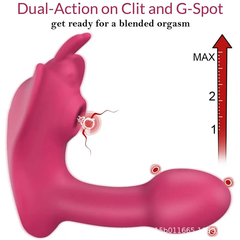 Remote control wearable butterfly dildo in red silicone with remote and USB cable, on plain background