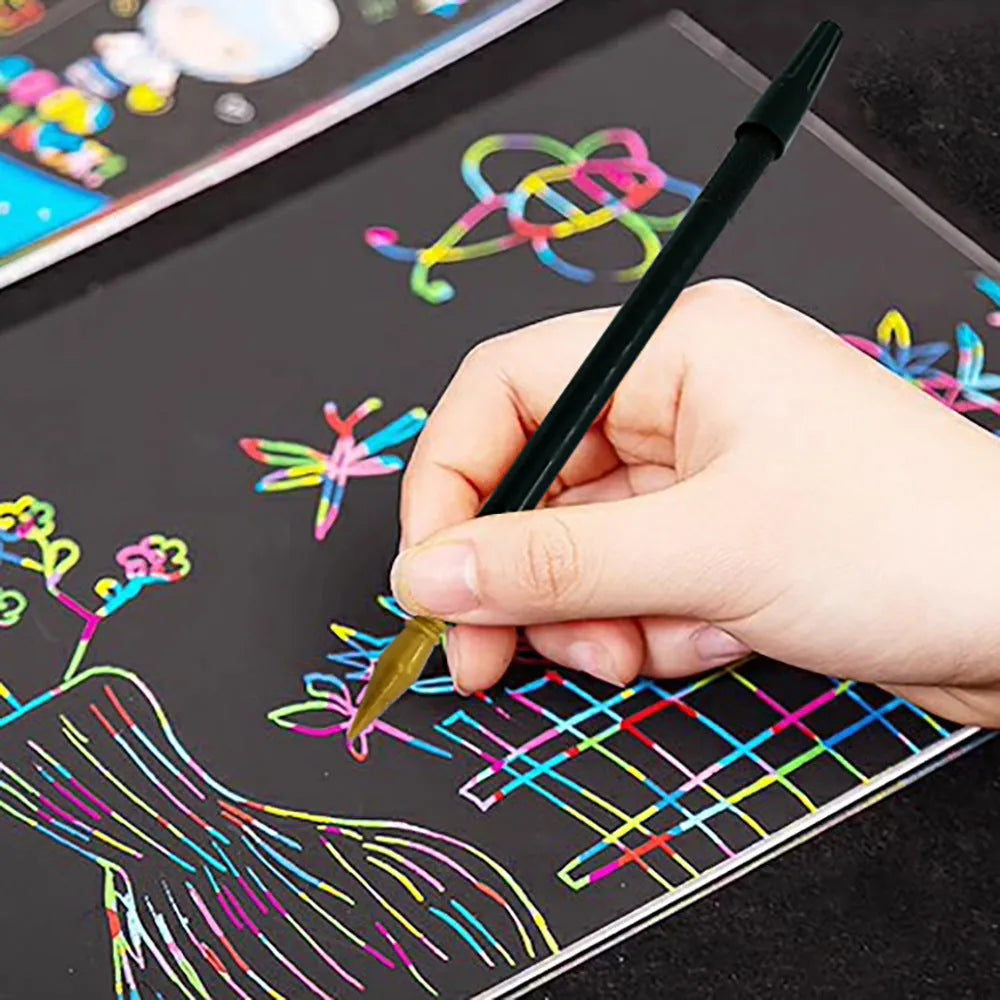 A white PS plastic scratch pen for children's rainbow drawing and art projects on black paper.