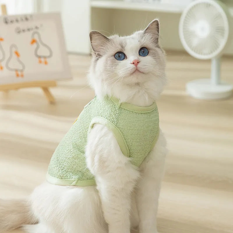 Green hollowed-out cat knitwear with a bear patch, shown in size M on a mannequin.