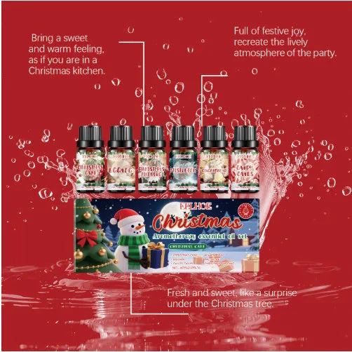 Set of six Christmas aromatherapy oil bottles, each containing 60ml of festive scented oil.