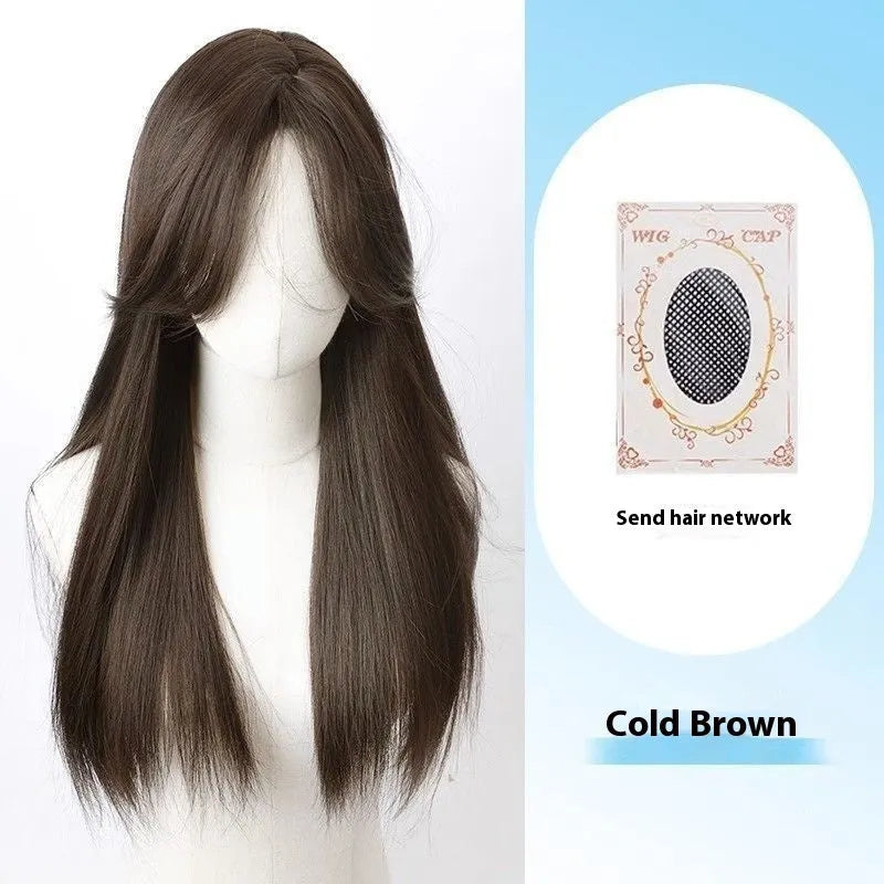 Forehead lace long straight wig with side bangs in high temperature fibre material
