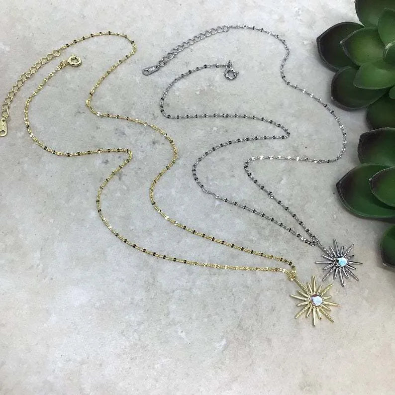 Gold sun god necklace with geometric synthetic opal pendant on a 45cm cross chain with 5cm extension