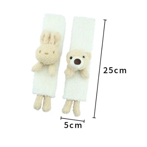 Cartoon plush seat belt shoulder protector in lamb wool with bear and rabbit designs.