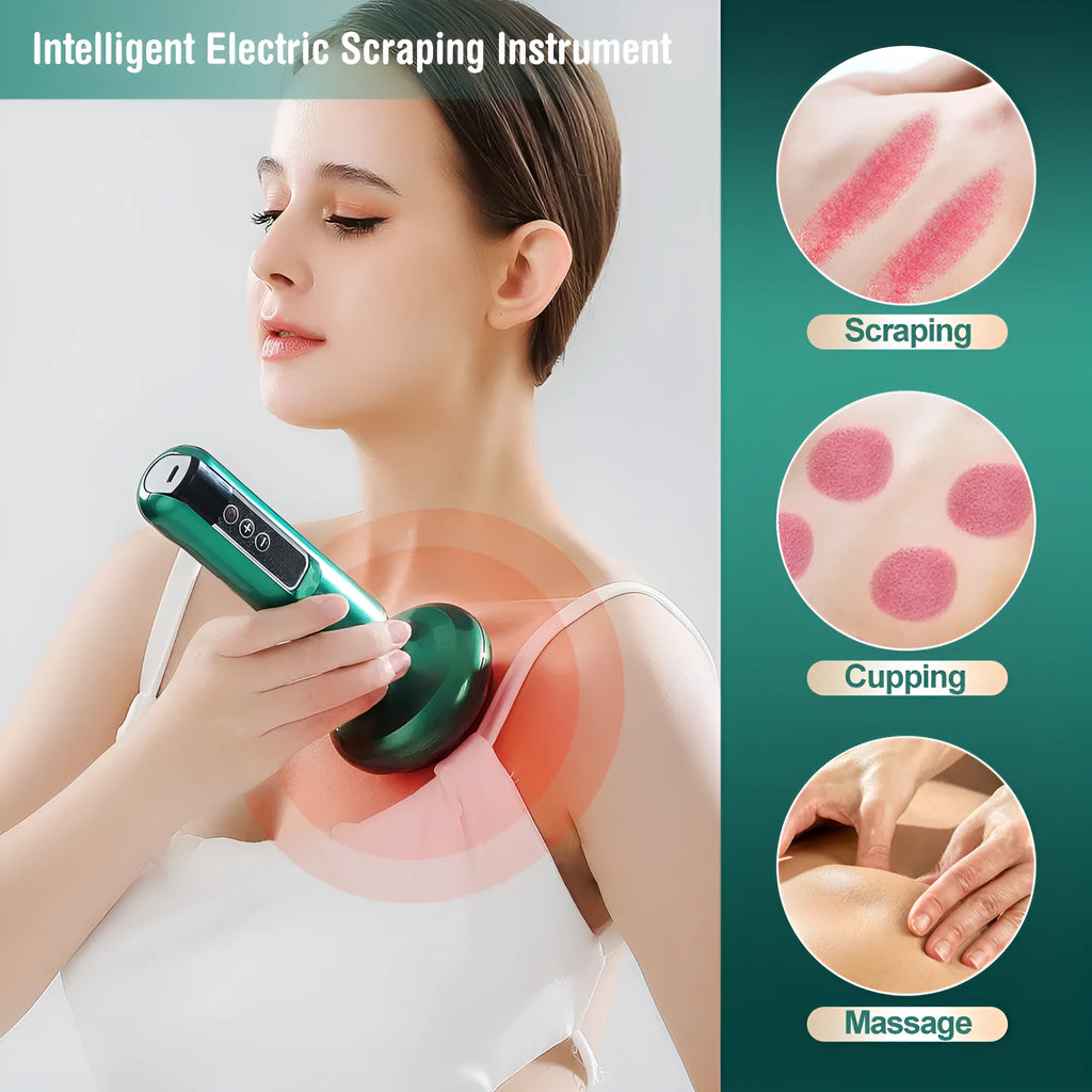 Green electric vacuum cupping massager with suction cup and charging cable