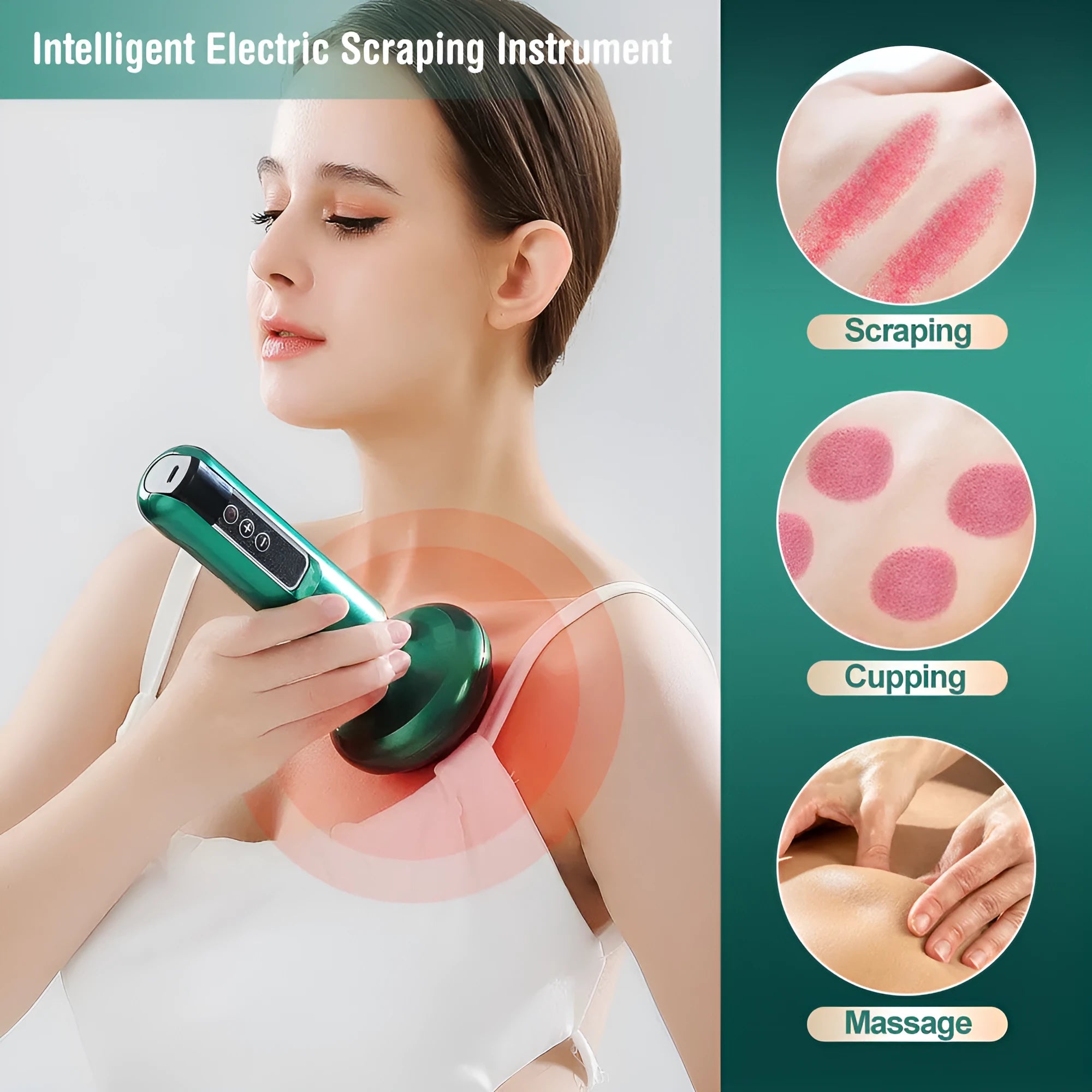 Green electric vacuum cupping massager with suction cup and charging cable