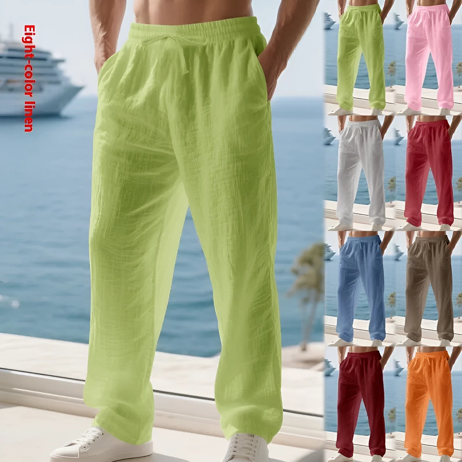 Men's linen solid colour loose wide leg drawstring trousers in orange, pink, fruit green, brown, denim blue, light gray, watermelon red, purplish red
