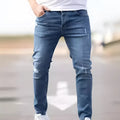 Men's blue cotton denim skinny jeans with medium elasticity, available in sizes S to XXL.