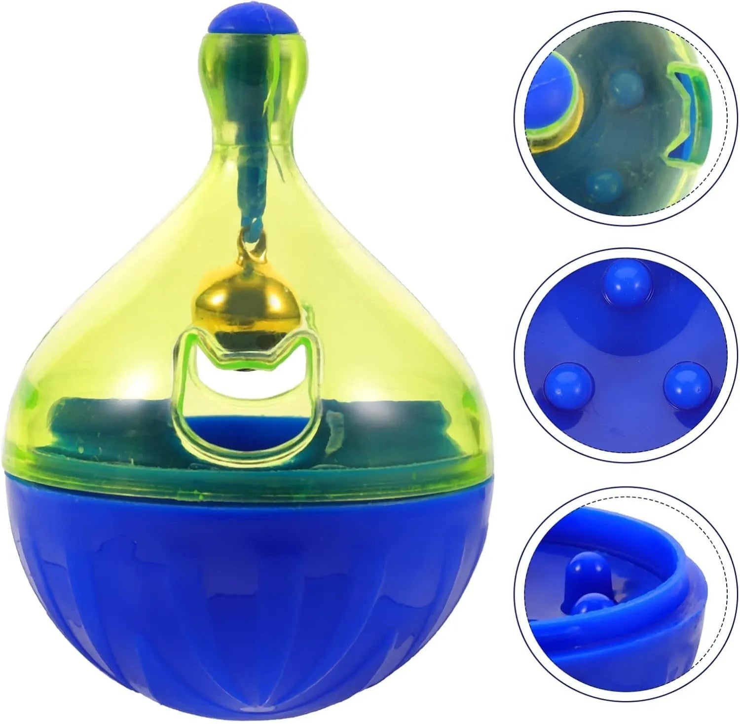 Blue and white tumbler-shaped pet treat dispenser toy on a wooden floor.