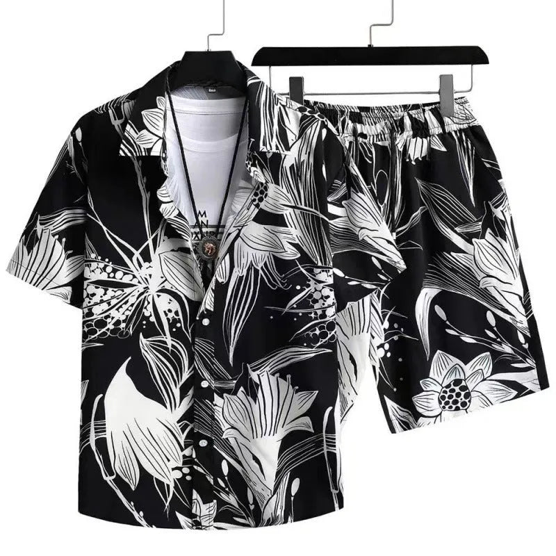 Man wearing a digitally printed short-sleeve cardigan shirt and matching shorts from a casual polyester suit set.