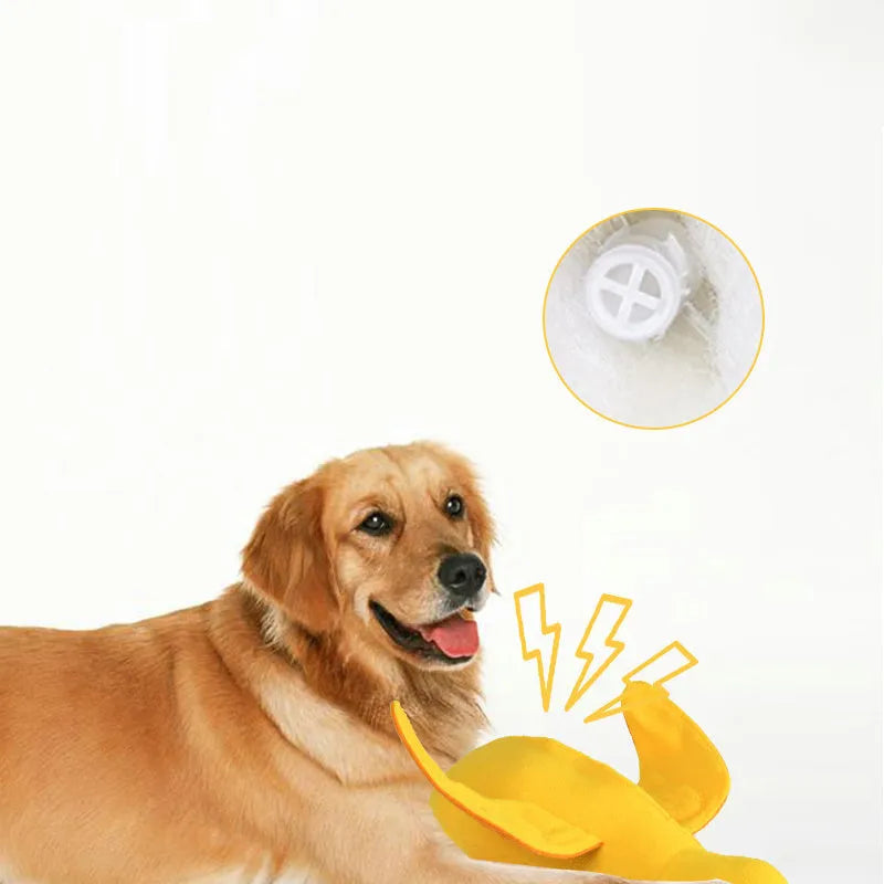 Yellow teddy duck dog toy with squeaker and treat compartment for training and dental care