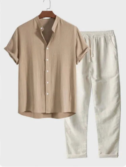 Men's casual short sleeve shirt and trousers set in polyester linen fabric with loose fit