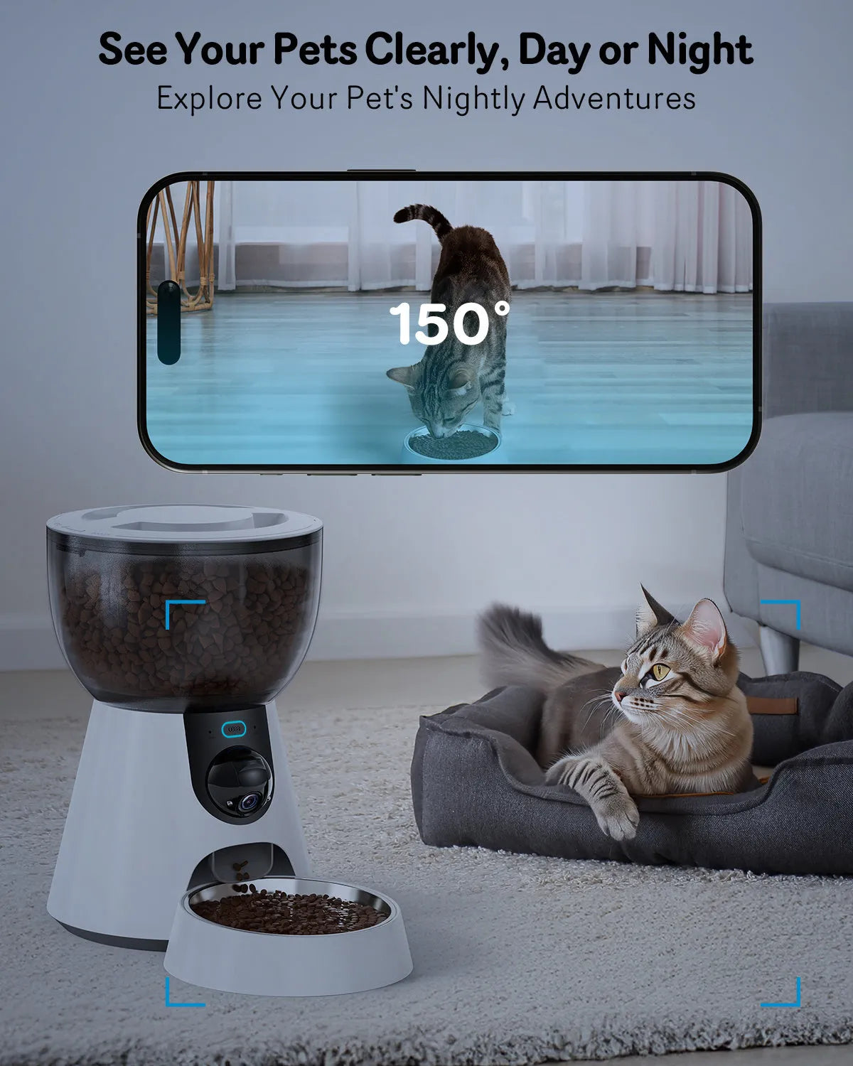 Automatic cat feeder with integrated camera, stainless steel food tray, and 4L storage hopper.