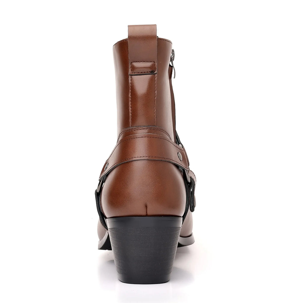Unisex black chain boots with side zipper, square toe, and decorative rivets on a textured PU upper