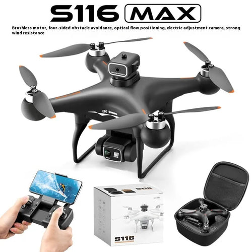 Black and white plastic brushless UAV drone with four obstacle avoidance sensors and a camera.