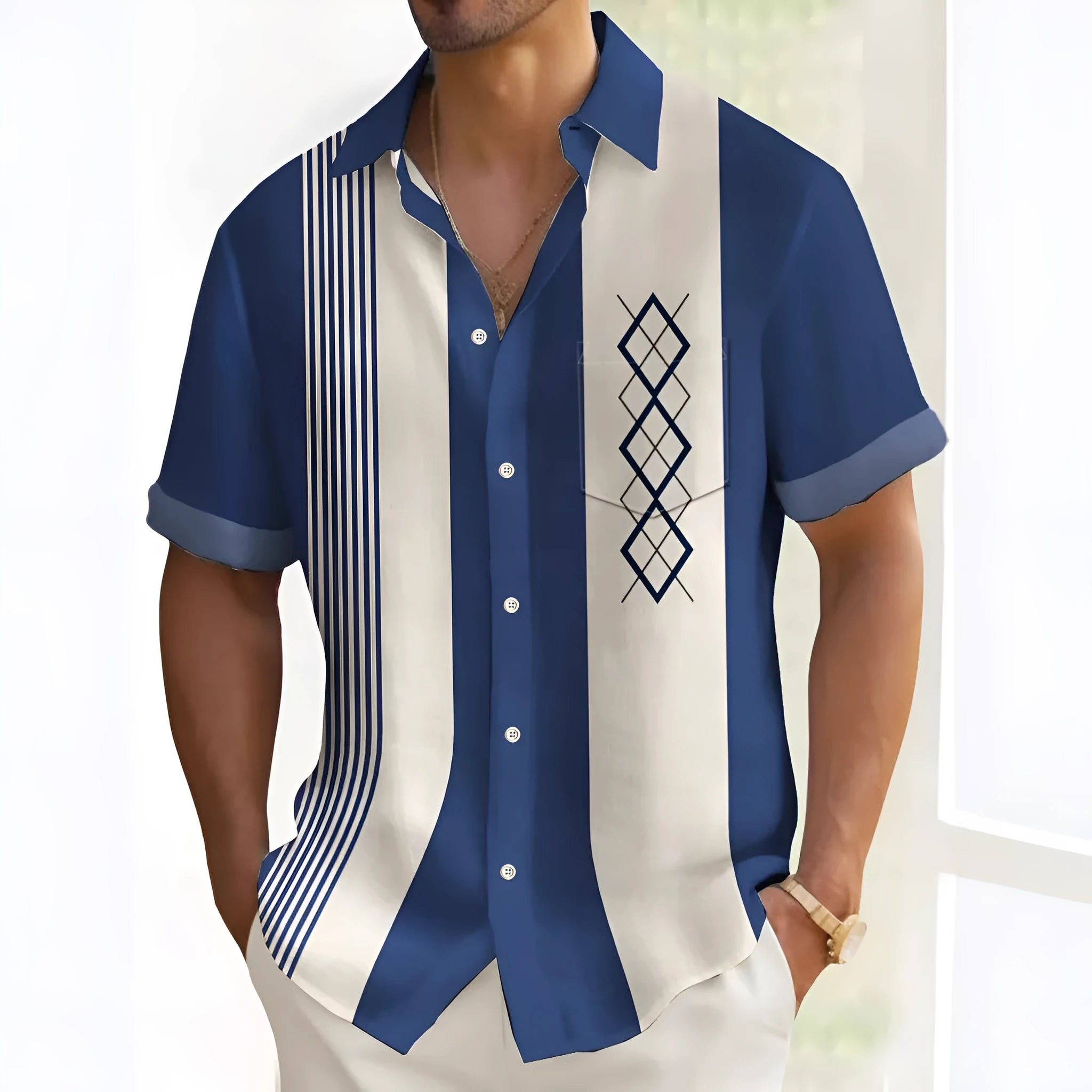 Men's multicolour printed loose fit polyester shirt shown in casual setting