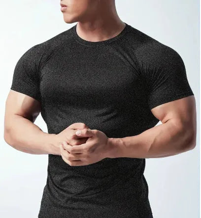 Man wearing a green quick-dry stretch polyester short sleeve t-shirt.