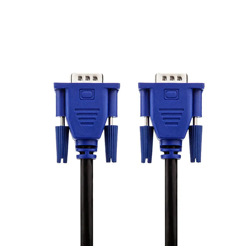 Black VGA cable with blue connector heads, 1.5 metres long, for connecting computers to monitors and TVs.