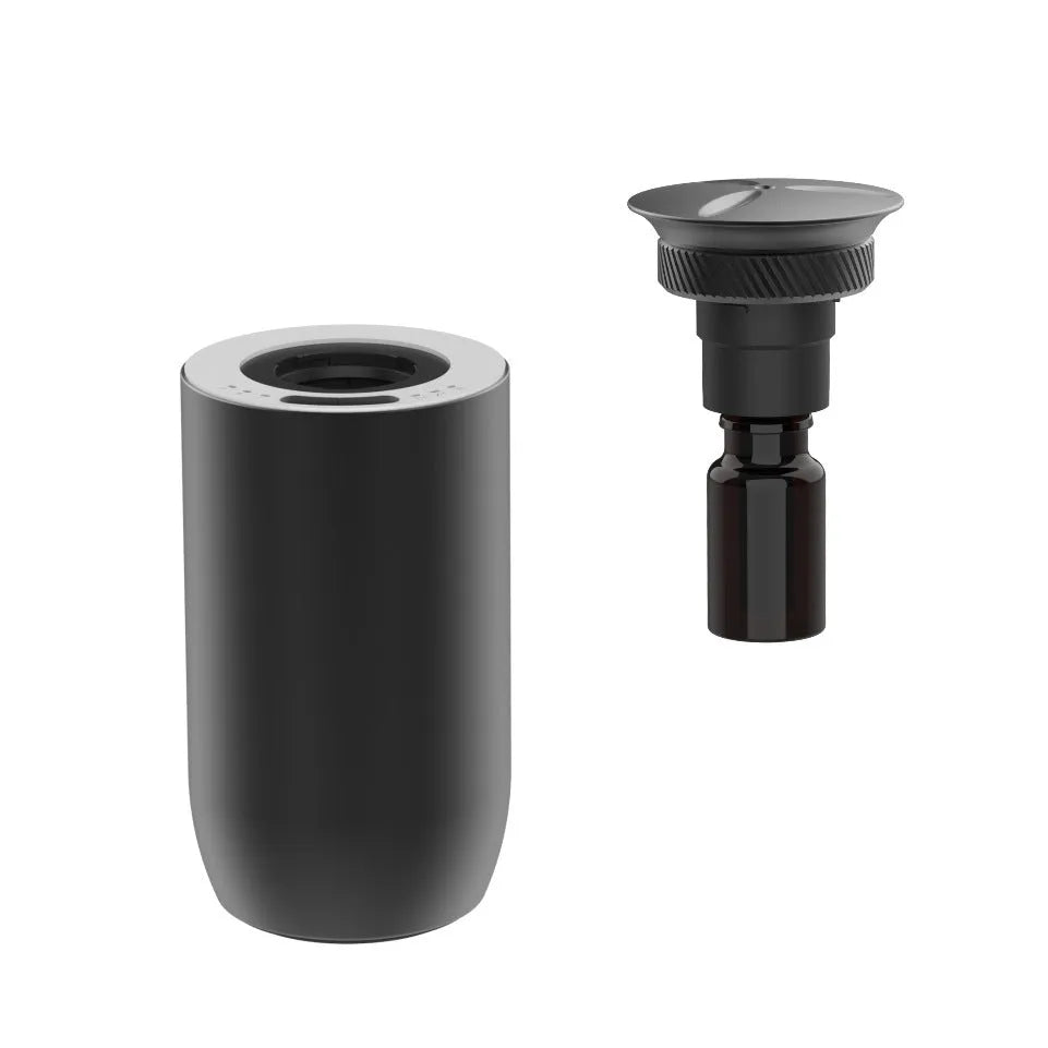 Portable car aroma diffuser in column shape with metal construction and touch button controls