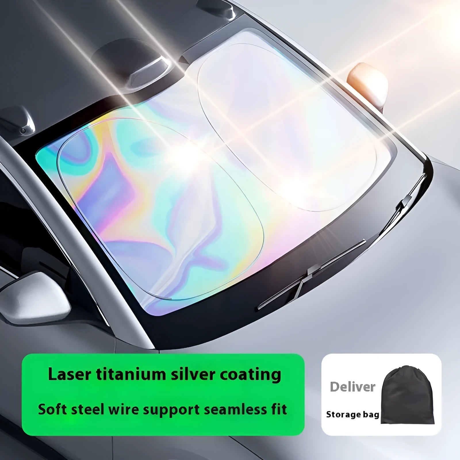 Laser car sunshade front windscreen visor aluminium foil titanium silver 145x80cm with storage bag