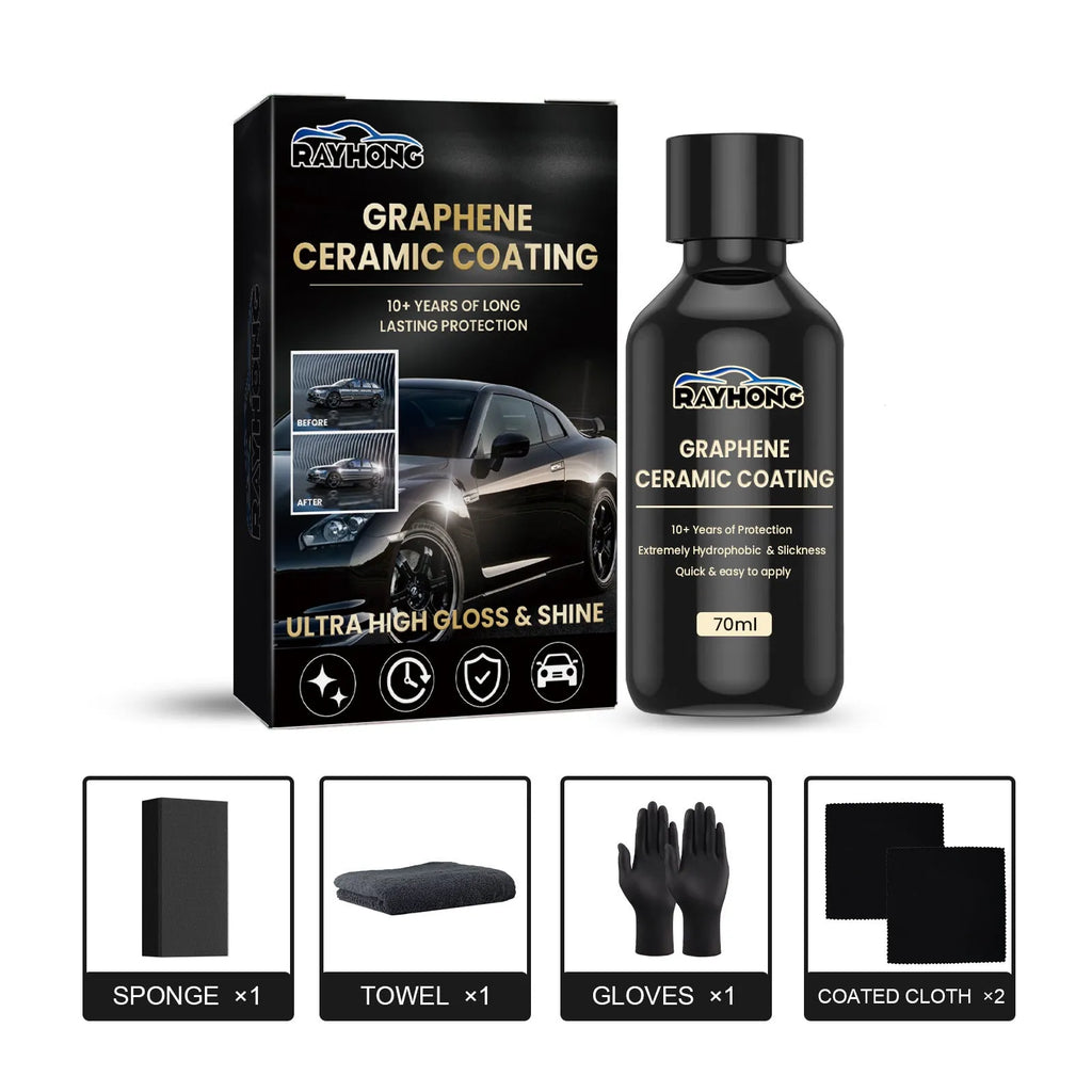 70ml automotive graphene ceramic coating bottle with sponge, towel, gloves, and cloths for car paint protection.