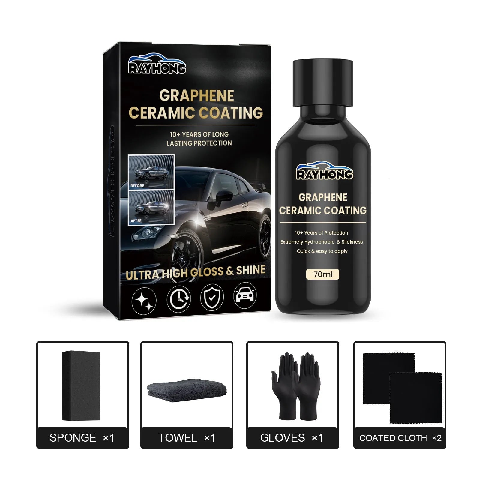 70ml automotive graphene ceramic coating bottle with sponge, towel, gloves, and cloths for car paint protection.