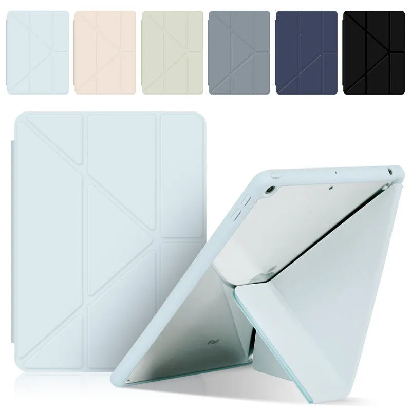 Imitation leather iPad case in dark grey showing folded bracket stand and open pen slot for Apple Pencil.