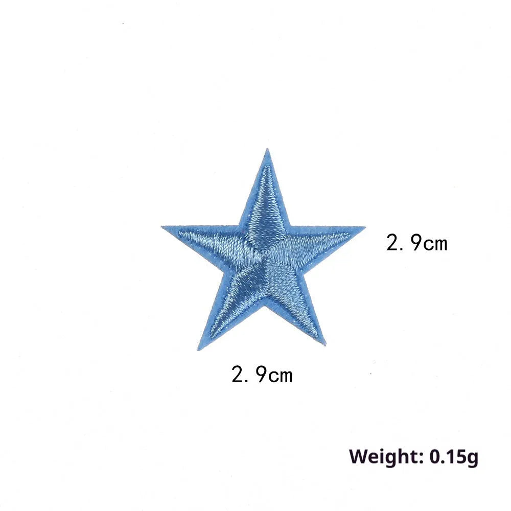 Colourful five-pointed star cloth embroidery stickers for DIY clothing decoration on a fabric background.
