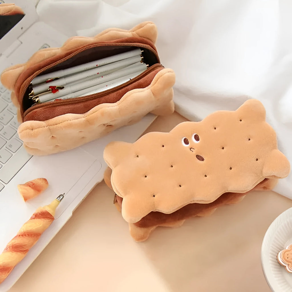 Plush sandwich biscuit pencil case in soft cartoon design for school stationery storage