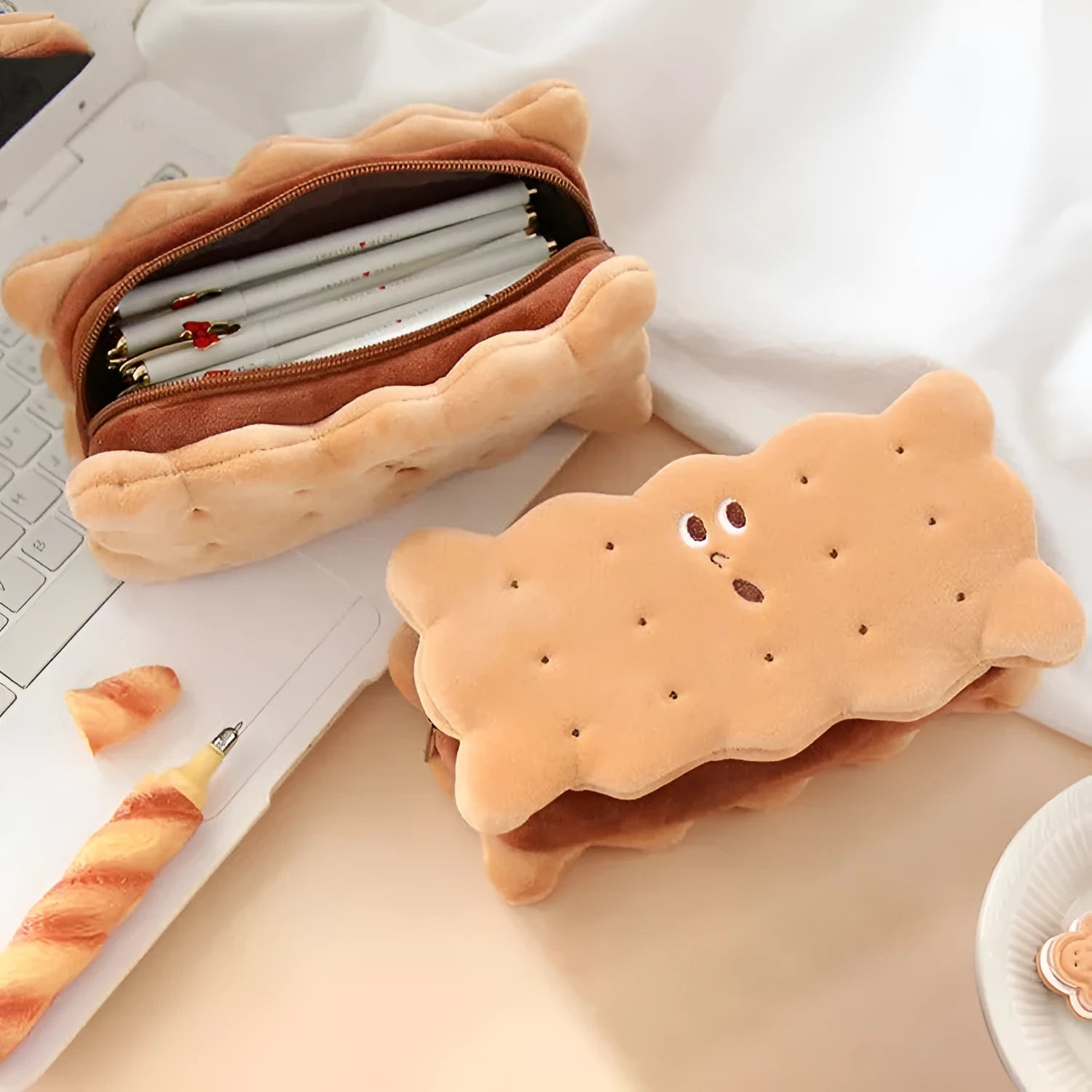 Plush sandwich biscuit pencil case in soft cartoon design for school stationery storage