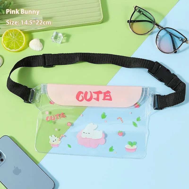 PVC waterproof mobile waist bag with touch screen and adjustable strap, blue whale cartoon design