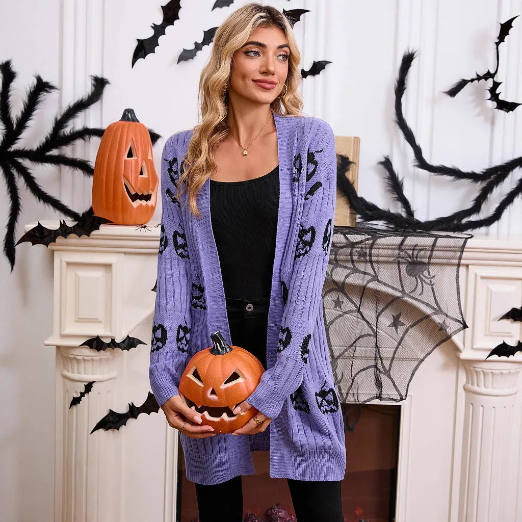 Women's black Halloween cardigan with orange Jacquard-knitted pumpkin head pattern.