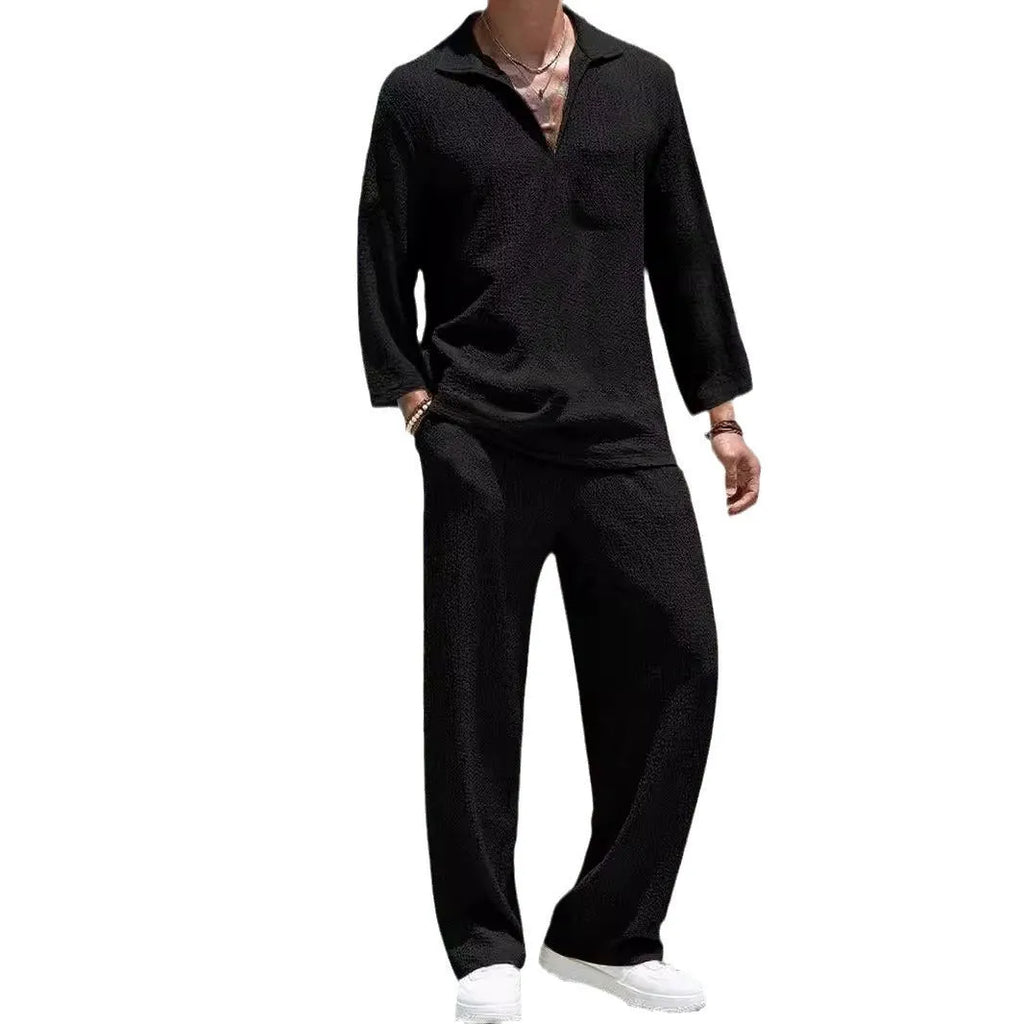 Men's casual shirt trousers suit in polyester, shown in lake blue, with shirt-style jacket and matching trousers.
