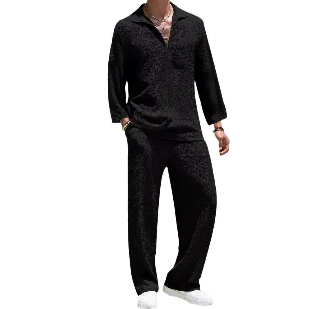 Men's casual shirt trousers suit in polyester, shown in lake blue, with shirt-style jacket and matching trousers.