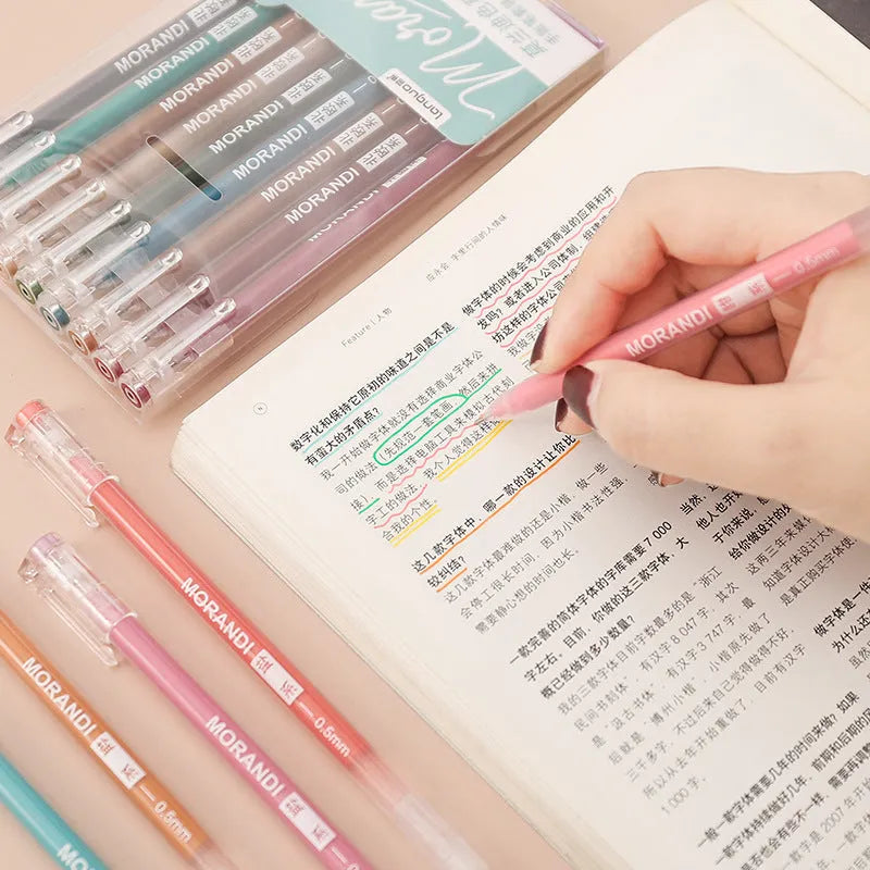 Set of nine retro colour gel pens with 0.5mm needle tips arranged in a pack.