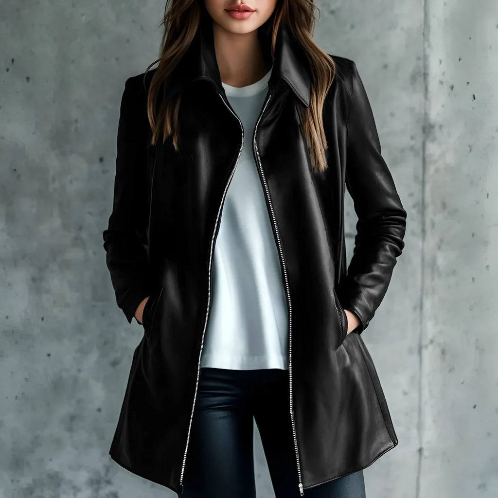 Women's black leather jacket with medium 65cm length and long sleeves