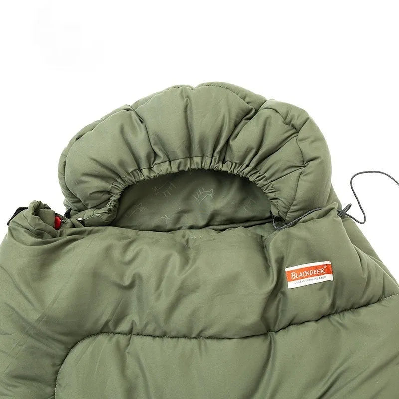 Ochre and olive green portable cotton camping sleeping bag with carry case.