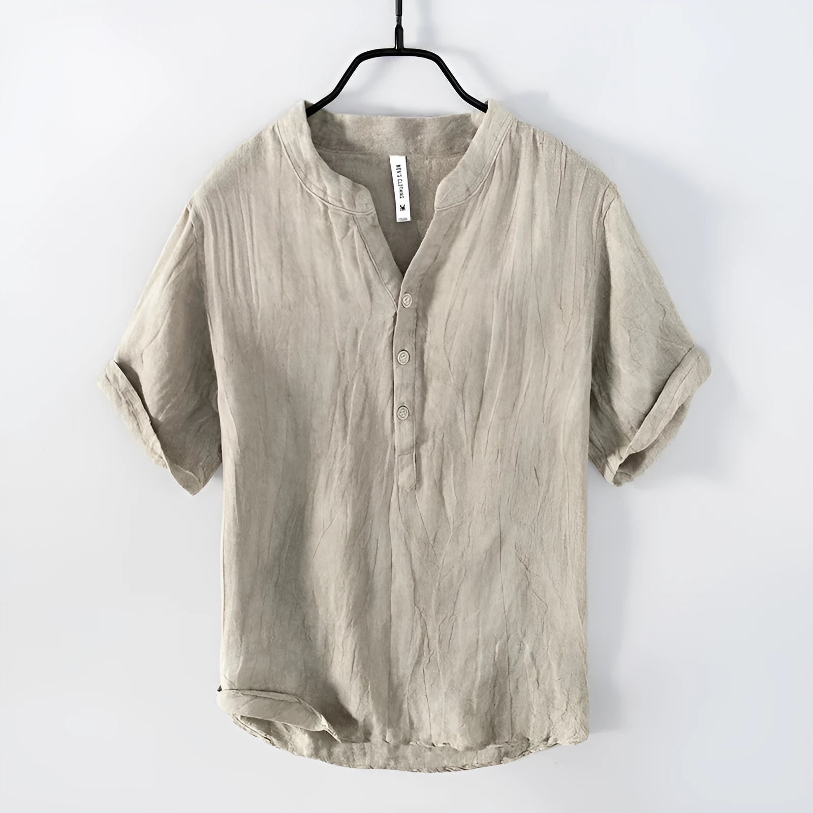 Grey striped linen short sleeve pullover top for men laid flat