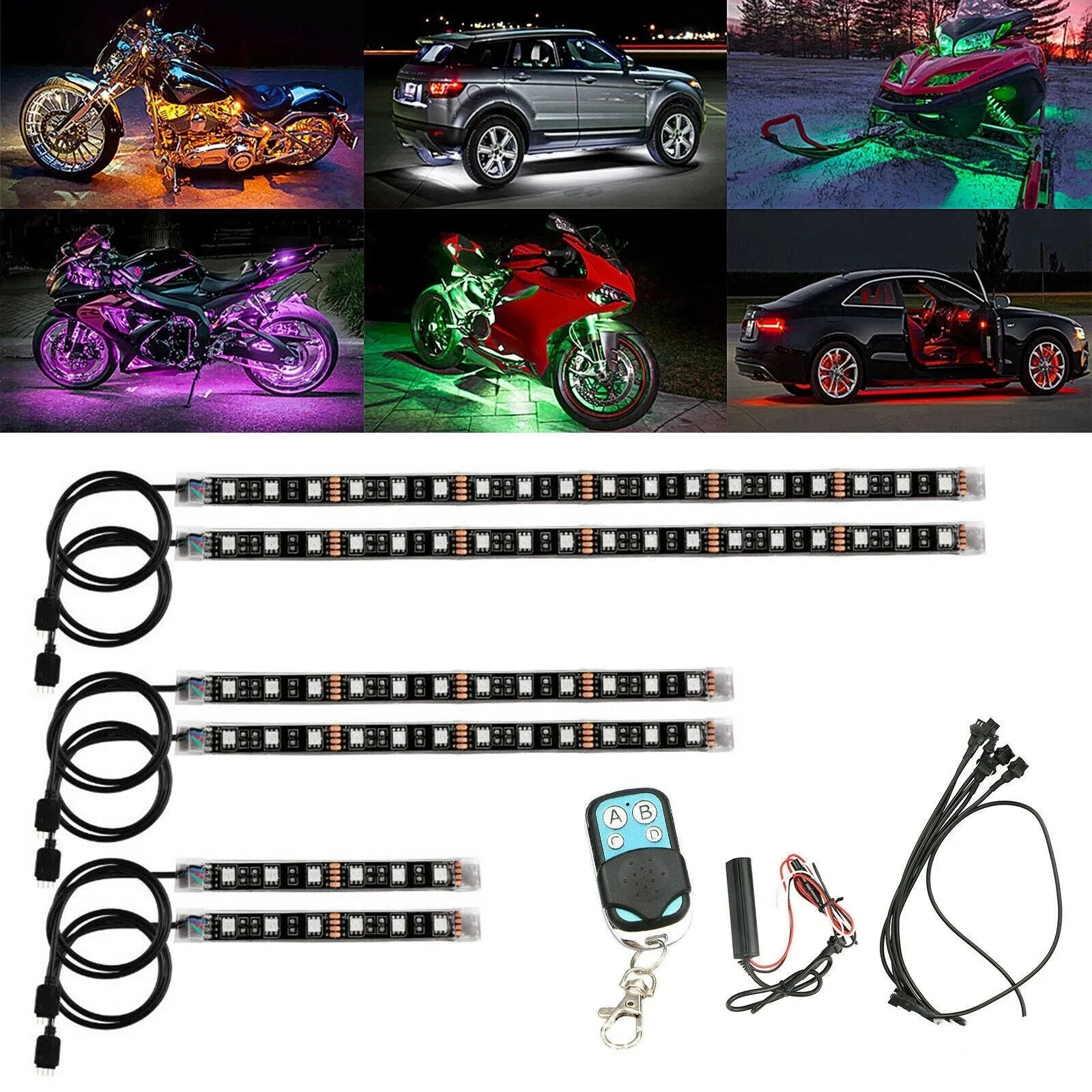 Black silicone RGB LED light strip with wireless remote control for vehicle atmosphere lighting