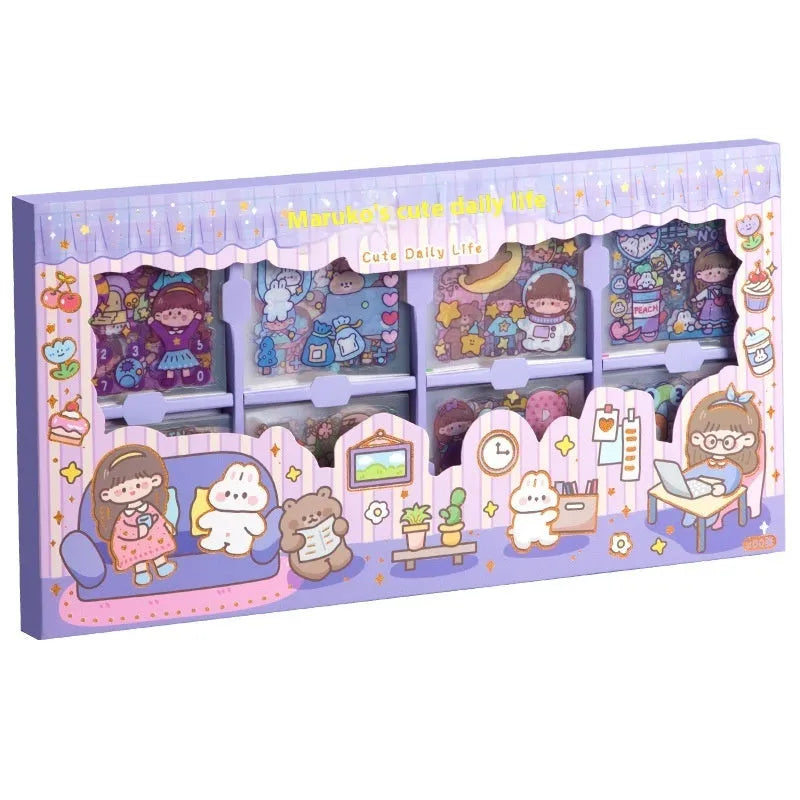 Children's removable sticker set with five themed designs in a box