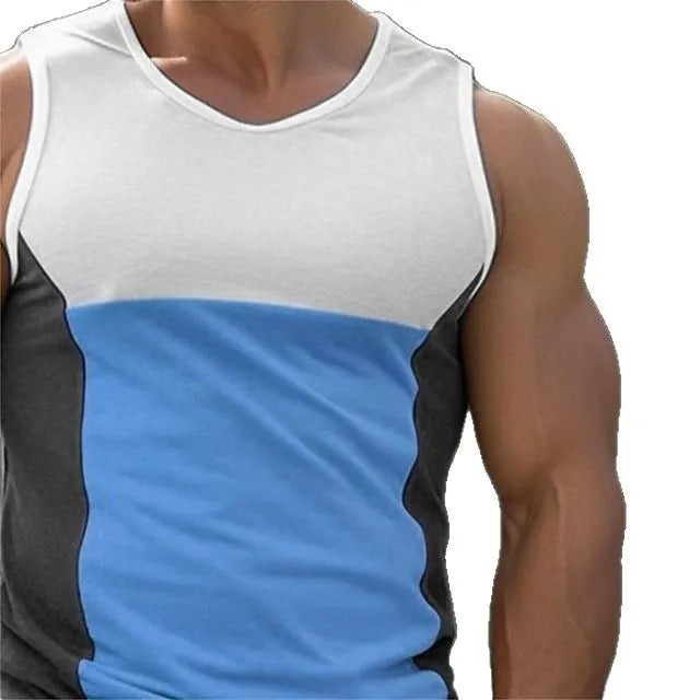 Men's sports vest in polyester cotton blend fabric available in blue, yellow, and orange colours