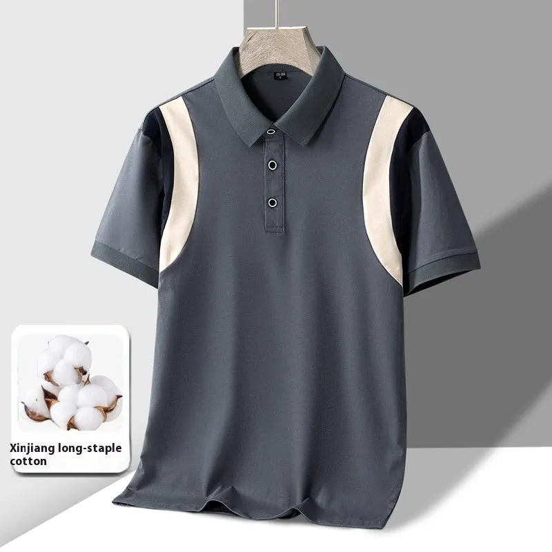 Man wearing a grey striped short-sleeved cotton t-shirt with a business lapel collar.